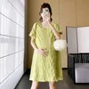 Zwangerschapsjurken Korte Lady Summer Jurk Puff Sleeve Hollow Out V-Neck Fashion zwangere vrouw A-lijn jurk losse zwangerschap Dobby-jurken Green