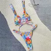 Biquíni de banho feminina Conjunto sexy de triângulo floral Triângulo Micro tanga Mulheres de cordas de cordas