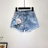 Fashion High Taille Jeans Shorts Sets 2024 Sommer Frauen 2 Stück Sets Stickerei 3D Blumen T-Shirt Top+Denim Shorts Zweiteiler Set G198