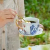 Tumblers Light Luxury Coffee Cup And Saucer Set Irregular Flower Tea Unique Blue White Doucai Ceramic H240425