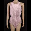 Stage Wear Sparkly Rhinestones Fringes Pink Bodysuit Women Nightclub Dance Outfit Glisten Tassel One-piece Stage Wear Singer Sexy Leotard d240425