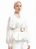 Kadın bluzları vgh katı patchwork kemer minimalist gömlek kadınlar için durak yakalama uzun kollu tunik eklenmiş fırfırlı gündelik bluz kadın