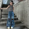 Fashion teenagers hole straight jeans big girls love heart wide legs denim pants summer old kids casual vest tops Z7866