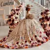 Szampan 3D Flowers Ball Suknia Quinceanera Sukienki kolorowe kwiatowe aplikacje koronkowe gorset vestidos de 15 anos