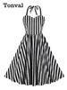 Casual Dresses Tonval Black and White Rands Women Evening Party Vintage Halter Sweetheart Neck Pleated Cotton Backless Dress