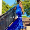 Royal Blue Velvet Meerjungfrau Prom Kleider für schwarze Mädchen 2024 Crystal Robe de Soiree Evening Birthday Party Vestidos de Gala O Hals Elegante formelle Anlässe Promdress