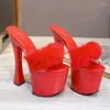 Slippers Fashion 20cm Fluff Open Toe 8Inch Stripper Coarse Heel Big Size Crossdress Catwalk Red Shoes Exotic Dancer Gothic