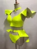 Bühnenbekleidung Silber Patent Leder Bikini Minirock Festival Party Show Rave Dance Outfit Fluorescent Yellow Sexy Performance Kostüm D240425