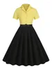 Vestidos de festa amarelo preto dois tons 50s Rockabilly Cotton Dress Roupos Mulher 2024 Summer Mulheres de colarinho entalhado com cinto com cinto formal