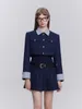 Werk jurken Franse stijl jurk set met pak kraag geavanceerd gevoel donkerblauw preppy chic tweedelig urbane vrouw kleding