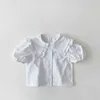 Camisas infantis blusas de bebê lapela simples algodão curta manga doce amor flores xadrez meninas tops de crianças tee h240425