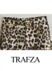 Calça feminina trafza feminino moda 2024 leopardo casual cálculo alta feminino chique de botão de botão de botão slim calças finas