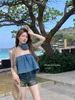 Blue Sleeveless Cowboy Tube Top Women Summer Out Wear Retro Spicy Girl Loose Short Off Shoulder Sexy Denim Camisole Women Top 240415