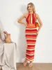 Casual Dresses Women Striped Print Knit Dress Sleeveless Spaghetti Strap Sweater Tie Halter Neck Boho Bodycon Long