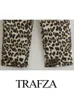 Calça feminina trafza feminino moda 2024 leopardo casual cálculo alta feminino chique de botão de botão de botão slim calças finas