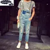 Hip Hop Streetwear Bib Overall Jean Summer Fashion Men Jeans Overalls Hole Ripped Denim Straps Pants Ankle Length Rompers 240410