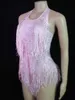 Stage Wear Sparkly Rhinestones Fringes Pink Bodysuit Women Nightclub Dance Outfit Glisten Tassel One-piece Stage Wear Singer Sexy Leotard d240425