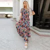 Robe longue imprimé floral de style ethnique pour femmes Summer Pullover Deep V Neck Split