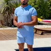 Vintage Solid Color Two -Stück Anzüge Männer Baumwollwäsche Casual Tops und Shorts Herren Outfits Frühling Sommermode T -Shirt Sets 240415