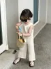Mädchen Kleidung Sets Sommer Koreanisch Dünn gestricktes Mädchen Set Kinder hohl atmungsaktive Weste Weitbein Hose zweisine Anzug 240408
