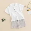 T-shirts Kids Clothes Boys Summer 2-Piece Outfits Short Sleeve Button-Down T-Shirt and Elastic Vertical Stripe Shorts SetL2404