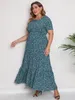 Damskie damskie nadruk w dużych rozmiarach Krótkie rękawie okrągła szyja Maxi Smocked Casual Dress 240418