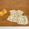 Conjuntos de roupas 2023 Summer Baby Clothing Conjunto de meninas florais Ternos de meninas Peter Pan Collar Tee e Bloomer 2 PCs H240425