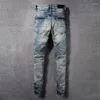 Jeans masculino Moda de streetwear Men retro azul treto magro skinny raspou Paisley Patched Designer Hip Hop Brand calças HOMBRE