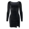 Casual Dresses Fashion 2024 Spring Women's Clothing High Slit Low Cut Sexy Slim Fit Slimming Waist Long Sleeves Short Dress