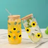 Tumblers 16oz Multi-layer Petal Sunflower Green Leaf Juice Glass Straw With Bamboo Lid Suitable For Hot And Cold Drinks In Summer H240425