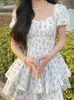 Urban Sexy Dresses High Waist Dress Women Summer Floral Sweet Square Collar Puff Sleeve Princess Girlish Tender Elegant Korean Style Preppy ChicL2404