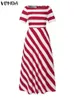 Urban Sexy Dresses VONDA 2024 Women Sexy Off Shoulder Elegant Stripe Printed Maxi Dress Casual Loose Long Sundress Short Sleeve Bohemian VestidosL2404