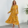 Sping Summer Bohemian Femmes Maxi robe décontractée manches longues hautes plage femme en mousseline de mousseline