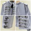 Retro Askeri Stil Yakışıklı Stand Yakası Denim Ceketleri Kadın Çift Kırıltılmış Vahşi İnce Kısa Denim Ceketleri Kadın Dış Giyim 240421