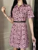 24 women's dress with printed single breasted placket, lapel, waistband, slimming effect, short sleeved dress, retro 425