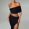 Women's Hoodies European And American Style 2024 Summer Fashionable One Shoulder Slim Fit Bra Texture Split Skirt Set CSM147-4