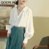 Chemise Qoerlin Girly Turndown Collar Vneck Blouses Ladies Lantern Sleeve Blouse blanche Femmes Solid Breasted Tops Shirts Yellow