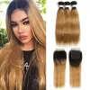 Peruki T1B/27 Ombre Blonde Bundles z zamknięciem 4x4 Sku Brazilian Prosty Weave Finkle z koronkowym zamknięciem Remy ludzkie splot włosów