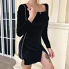 Casual Dresses Fashion 2024 Spring Women's Clothing High Slit Low Cut Sexy Slim Fit Slimming Waist Long Sleeves Short Dress