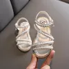 Girl Sandals Summer Fashion Kids Baby Girls Bling Rhinestone Princess Single Sandals for Little Big Girls Pearl Shoes 240410
