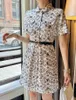 24 women's dress with printed single breasted placket, lapel, waistband, slimming effect, short sleeved dress, retro 425