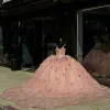 Rose Gold Sequined Lace Ruffles Ball Gown Quinceanera Dresses Spaghetti Straps 3D Flowers Beading Corset Sweet 15 Vestido