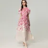Women's Runway Dresses O Neck Short Sleeves Floral Printed Lace Up Elegant Fashion Party Prom Gown