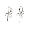 Dangle Chandelier Korean Silver Color Bow Pearl Pendant Earrings For Women Minimalist Metal Asymmetric Temperament Earrings Jewelry Valentine Gift