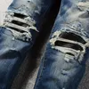 Jeans pour hommes de la rue Street Men Retro Bleu foncé stretch skinny ajustement en cuir déchiré Pantalon de marque hip hop en cuir rapié