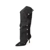 2024 Cuir Martin Boots Pillage Toe High Heels Knight Rivets détachable 2 façons de porter le genou pointu à pointes longues Chaussures de mariage Zipper Cowboy Boties plissées 34-42