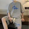 2 pièces Men Shorts set Summer Waffle Match Hong Kong Style Casual O Col Half mandeve t-shirts short surdimensionné à imprimés lâches 240416