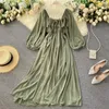 Woherb Chic Elegant Square Collar Maxi Dress Women Solid Chiffon Puff Sleeve Dresses 2024 Korean Fashion Vintage Ruffle Vestidos 240412 240424