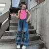 Mode tieners gat rechte jeans grote meisjes houden van hart brede benen denim broek zomer oude kinderen casual vest tops z7866