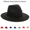 Szerokie brzegowe czapki wiadra czapki moda czysty kolor brytyjska szerokie grzbiet fedora elegancka elegancka formalna kapelusz unisex jazz hat solidne melonik z wstążką swobodną y240425